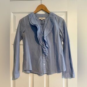 LOFT Ruffle Front, Button Up, V-Neck Blouse - Blue/White Pinstripe